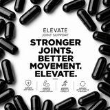 ElevateJoint Support Capsules with glucosamine, chondroitin, and MSM in a white bottle with capsules inside.