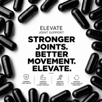 ElevateJoint Support Capsules with glucosamine, chondroitin, and MSM in a white bottle with capsules inside.