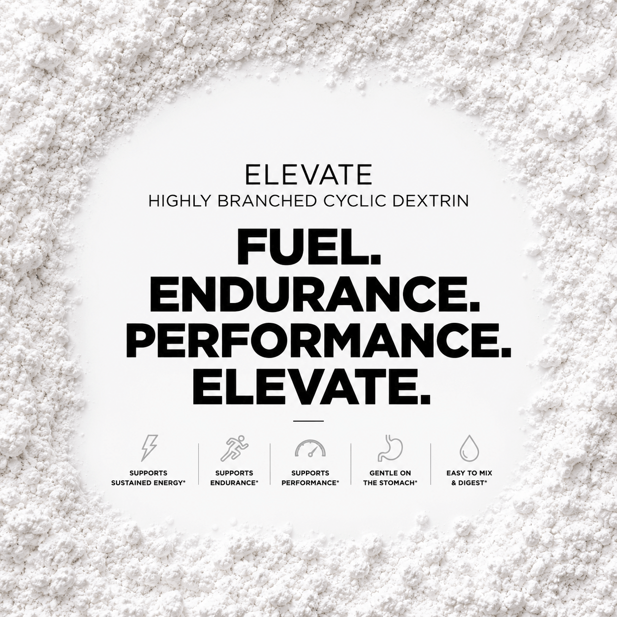 Elevate Highly Branched Cyclic Dextrin supplement in 1kg bag, premium HBCD powder with a white and clear packaging design.