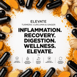 Elevate Supplements Turmeric Curcumin and Ginger supplement bottle with black pepper extract, featuring a label with natural ingredients.