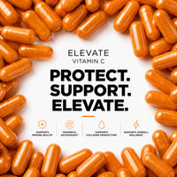 ElevateVitamin C 1000mg high strength supplement bottle with orange capsules and label, from ElevateSupplementsNI.
