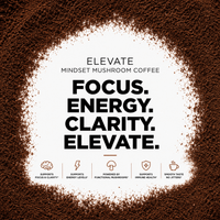 Elevate Mushroom Coffee by ElevateSupplementsNI featuring a package with mushrooms and Lion's Mane for mental focus and adaptogenic benefits.