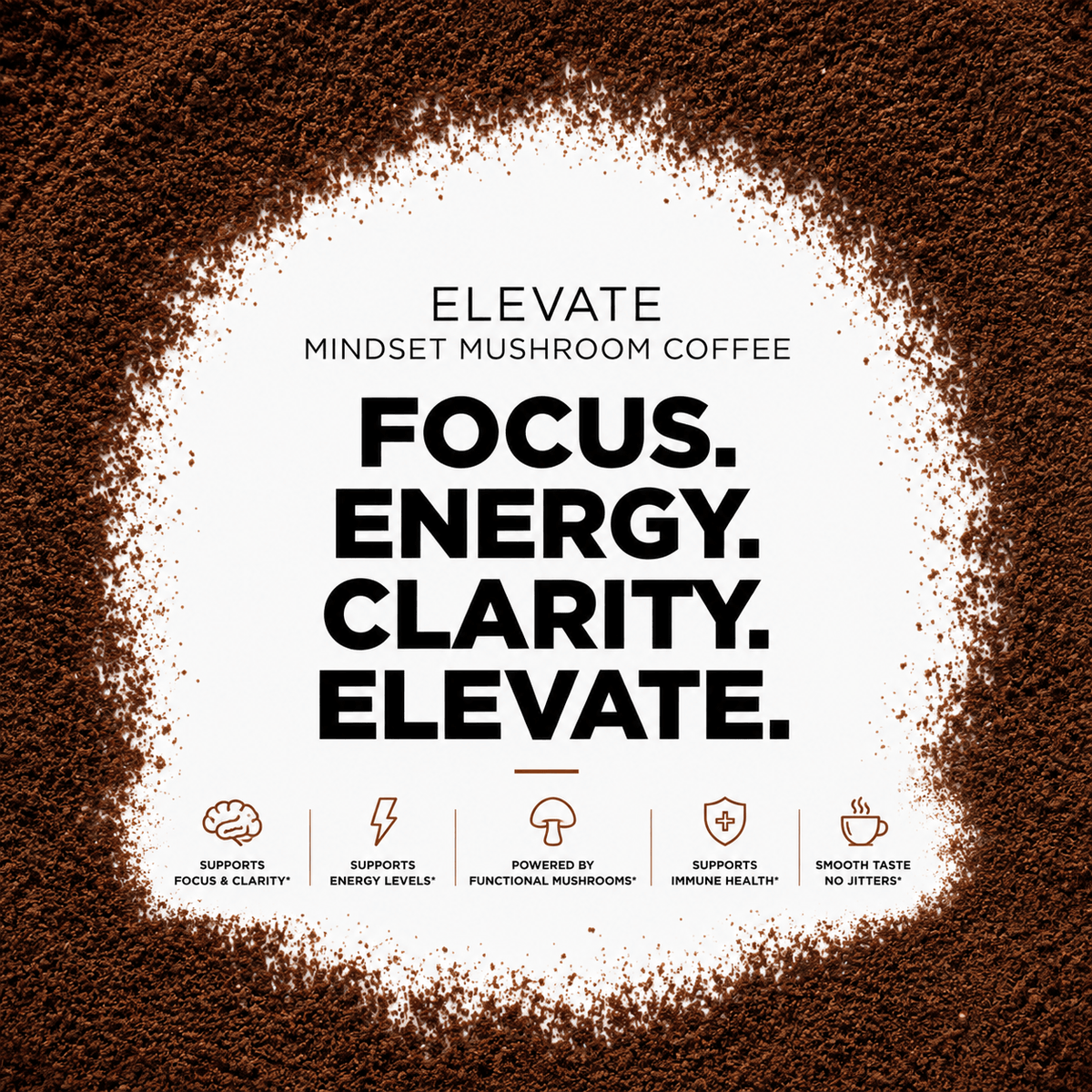 Elevate Mushroom Coffee by ElevateSupplementsNI featuring a package with mushrooms and Lion's Mane for mental focus and adaptogenic benefits.