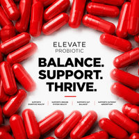 Elevate Probiotic Complex by ElevateSupplementsNI showing a bottle of multi-strain probiotics with capsules inside.
