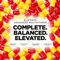 Elevate Multi-Vitamin bottle featuring colorful capsule pills, representing daily vitamins and minerals from ElevateSupplementsNI.