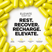 Elevate Sleep Aid bottle from ElevateSupplementsNI with capsules containing 5-HTP, magnesium, and L-theanine for restful sleep