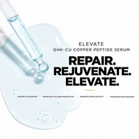 Elevate Copper Peptide Serum from ElevateSupplementsNI, a skin renewal formula in a sleek dropper bottle with a white label.
