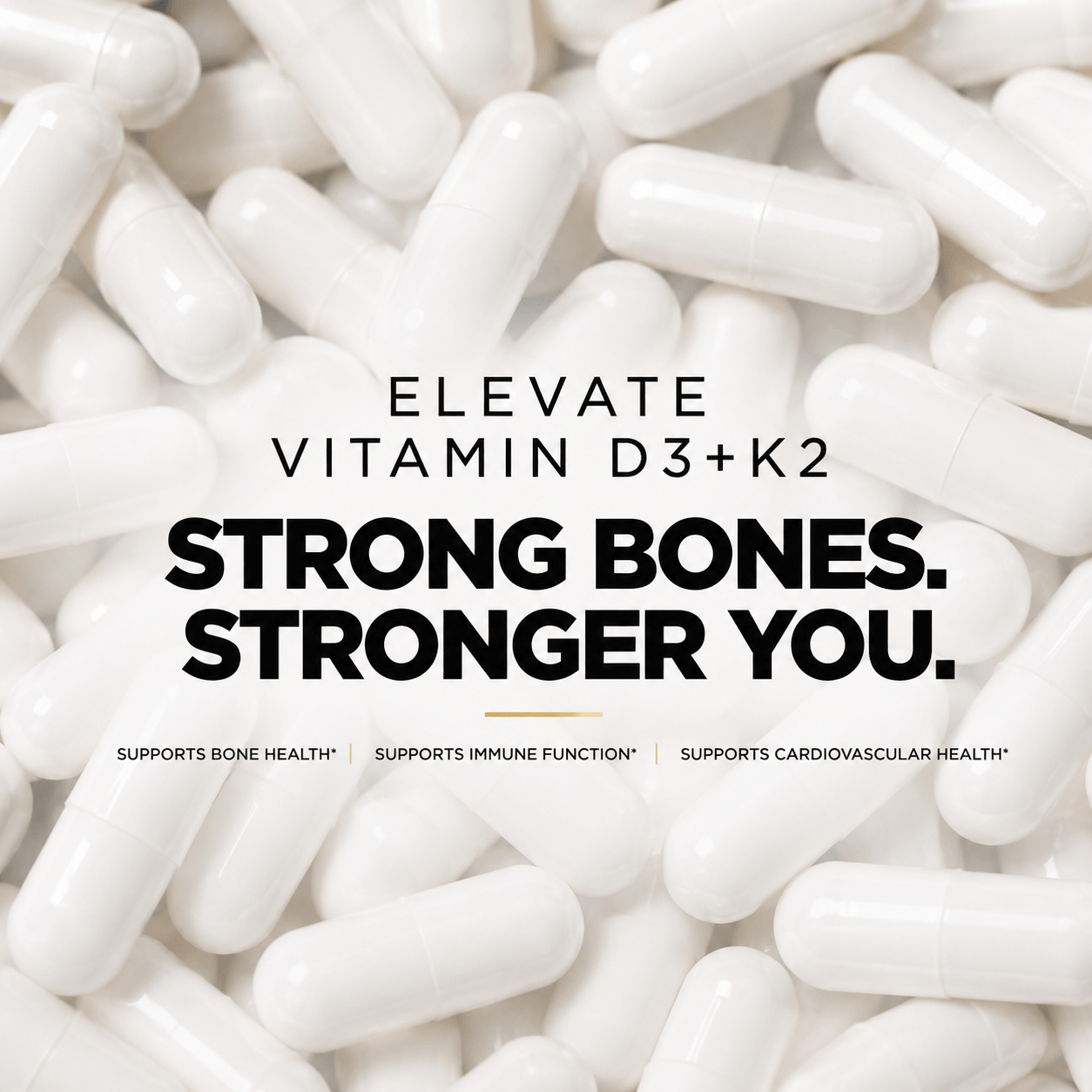 Elevate Supplements Elevate D3 + K2 5000 IU bottle with capsules, high-strength vitamin D3 and K2 supplement for bone health