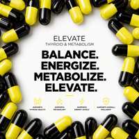 Elevate Thyroid & Metabolism Support supplement bottle with Iodine, Selenium, and L-Tyrosine capsules from ElevateSupplementsNI.