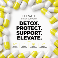 Elevate Supplements Liver Support supplement bottle with NAC, TUDCA, and Milk Thistle capsules on a white background.