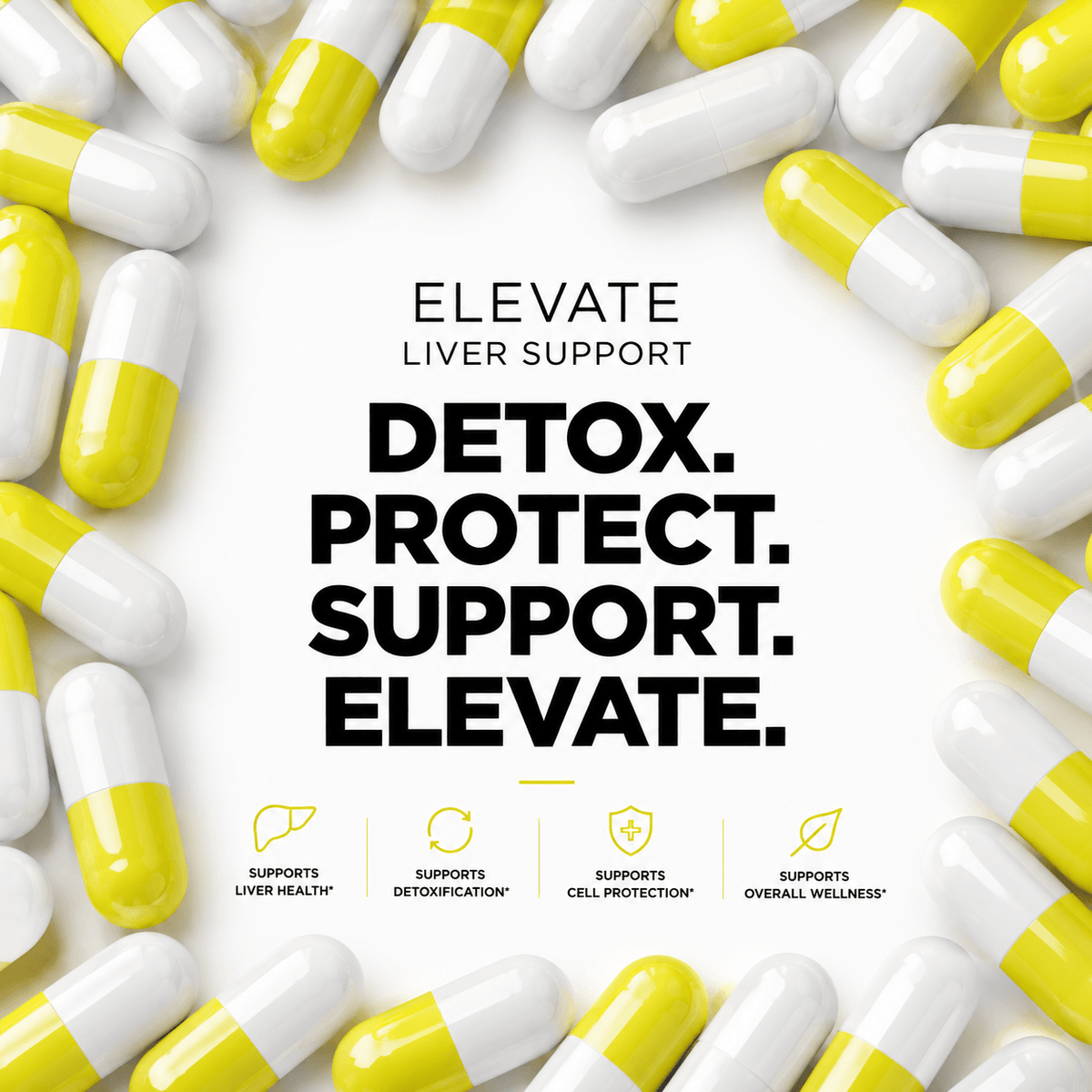 Elevate Supplements Liver Support supplement bottle with NAC, TUDCA, and Milk Thistle capsules on a white background.