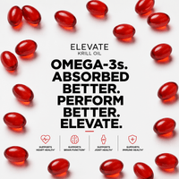 Elevate Krill Oil 3000mg supplement bottle with capsules, featuring Astaxanthin, Omega-3, EPA, and DHA from ElevateSupplementsNI