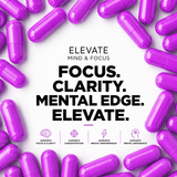 Elevate Mind & Focus supplement by ElevateSupplementsNI featuring capsules containing Alpha GPC and Acetyl-L-Carnitine for mental clarity