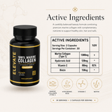 Elevate Marine Collagen supplement bottle with label detailing hyaluronic acid, vitamin C, and biotin for skin health.