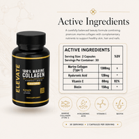 Elevate Marine Collagen supplement bottle with label detailing hyaluronic acid, vitamin C, and biotin for skin health.