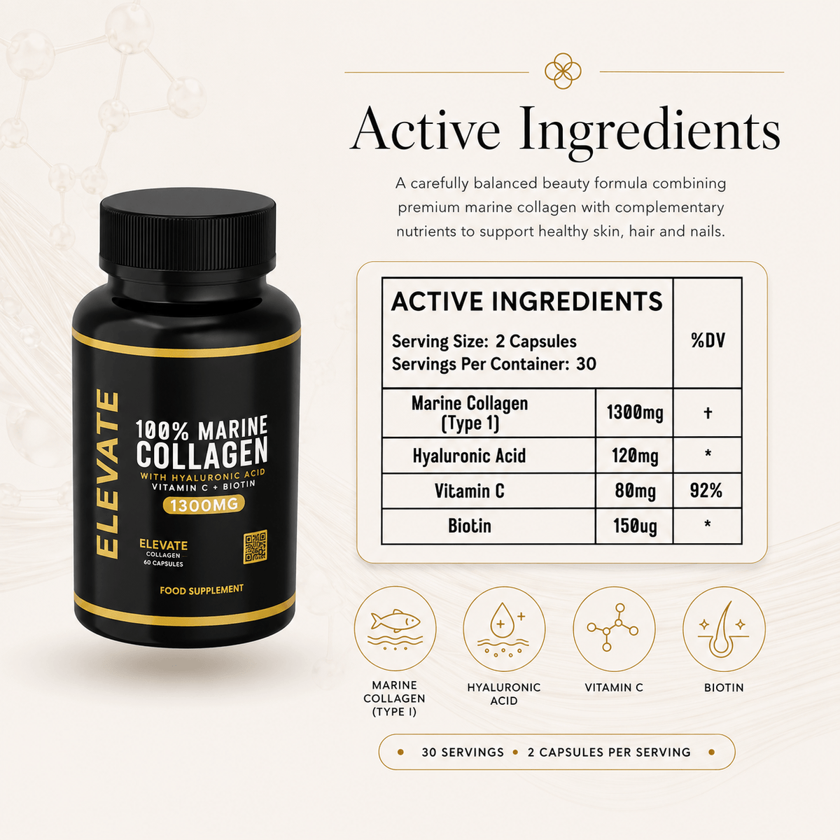 Elevate Marine Collagen supplement bottle with label detailing hyaluronic acid, vitamin C, and biotin for skin health.