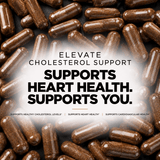 Elevate Cholesterol Support supplement bottle featuring bergamot and beta-sitosterol, with green and white label design.
