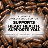 Elevate Cholesterol Support supplement bottle featuring bergamot and beta-sitosterol, with green and white label design.