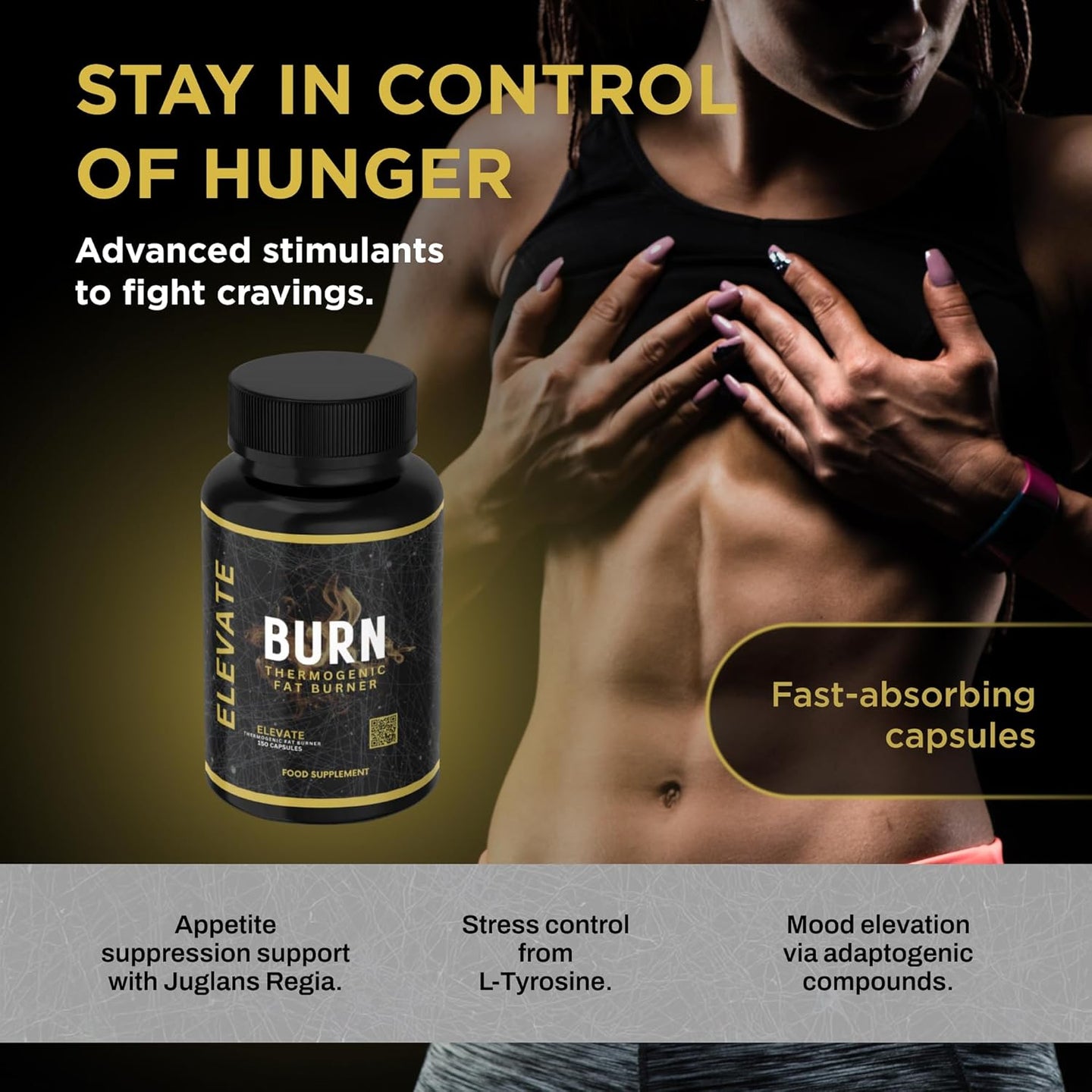 Elevate Burn thermogenic fat burner capsules by ElevateSupplementsNI, shown in a clear container with supplement capsules inside.