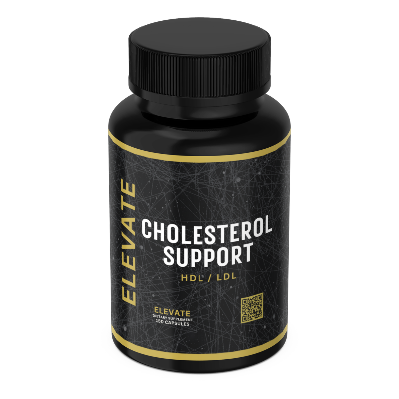 All Elevate Supplements product renders featuring Elevate Cholesterol Support with bergamot and beta-sitosterol ingredients.