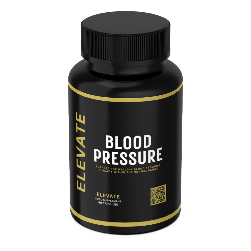 All product renders of Elevate Supplements Elevate Blood Pressure Heart Health Formula bottle with label and capsules.