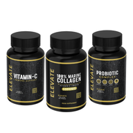 ElevateBeauty From Within Bundle featuring marine collagen, vitamin C, and probiotics in supplement bottles for glowing skin.