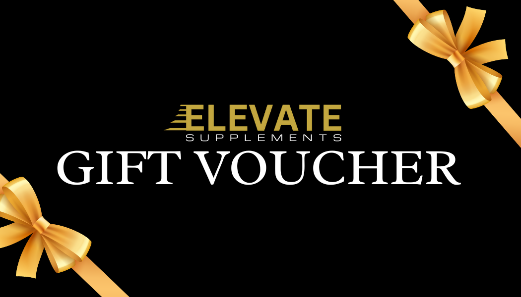 Black and gold Elevate Supplements gift voucher with a modern design and gift tag, ideal for health and wellness gift giving.