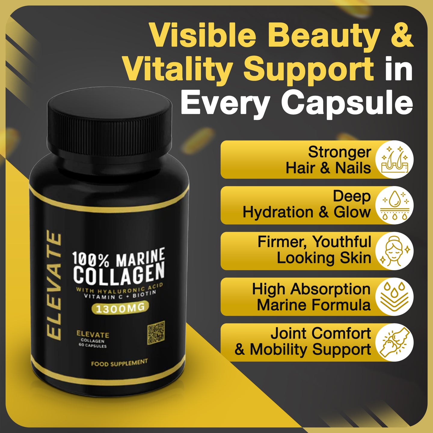 Elevate Marine Collagen supplement bottle with hyaluronic acid, vitamin C, and biotin, displayed on a clean white background.
