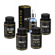 ElevateSupplements Complete Beauty & Wellness Bundle with collagen, GHK-Cu, vitamin C, probiotics, and omega-3 supplements.