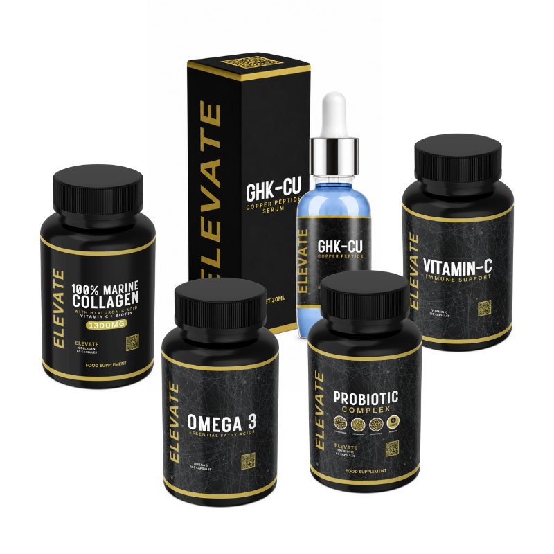 ElevateSupplements Complete Beauty & Wellness Bundle with collagen, GHK-Cu, vitamin C, probiotics, and omega-3 supplements.