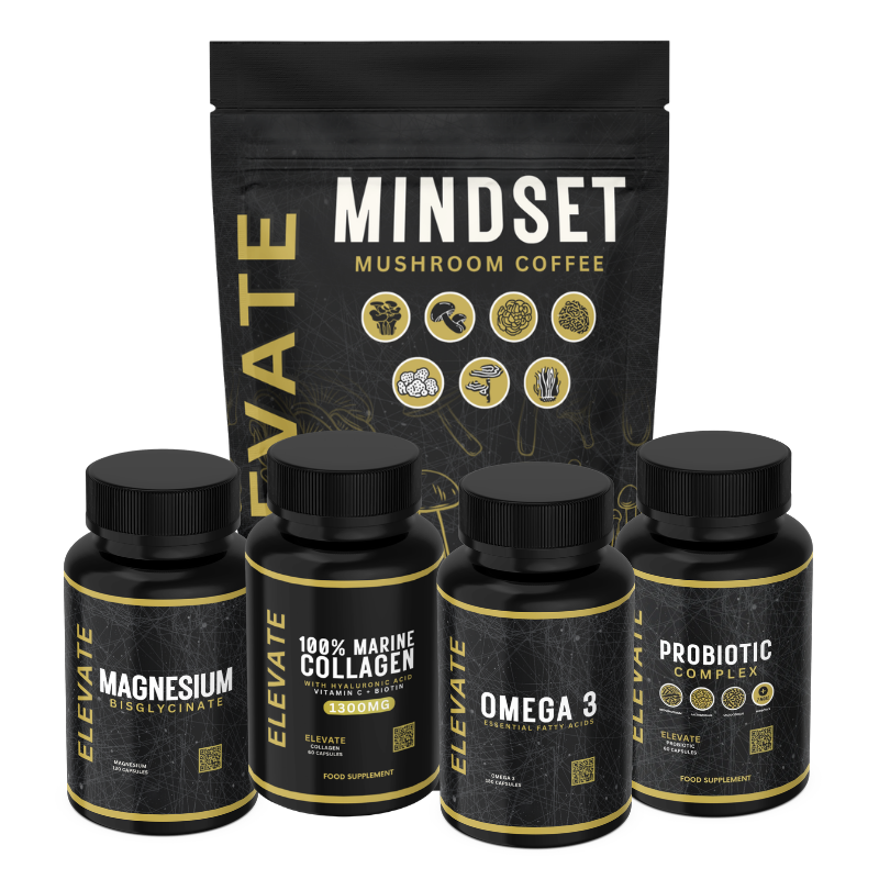 ElevateSupplements Complete Daily Essentials Bundle featuring coffee, collagen, gut health, magnesium, and omega-3 supplements.