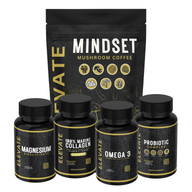 ElevateSupplements Complete Daily Essentials Bundle featuring coffee, collagen, gut health, magnesium, and omega-3 supplements.