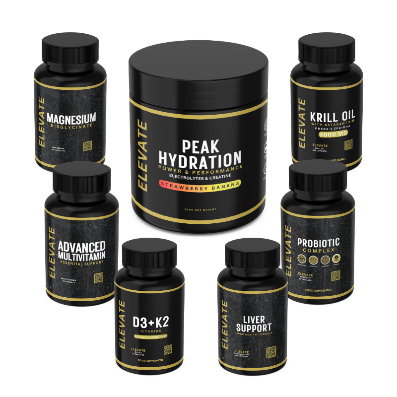 Elevate Complete Daily Health Stack | Multivitamin, D3 + K2, Krill Oil, Probiotics, Magnesium, Liver Support & Peak Hydration