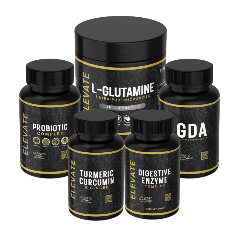 ElevateSupplements Complete Gut Health Bundle with probiotics, digestive enzymes, L-Glutamine, GDA, and turmeric capsules.
