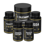 ElevateSupplements Complete Gut Health Bundle with probiotics, digestive enzymes, L-Glutamine, GDA, and turmeric capsules.