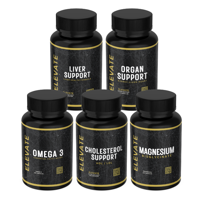 ElevateSupplements Elevate Complete Health Stack with organ, liver, heart, and daily wellness support capsules and supplements.