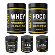 ElevateSupplements Complete Performance Stack with whey protein, creatine, EAAs, HBCD, and Peak Hydration supplement containers.