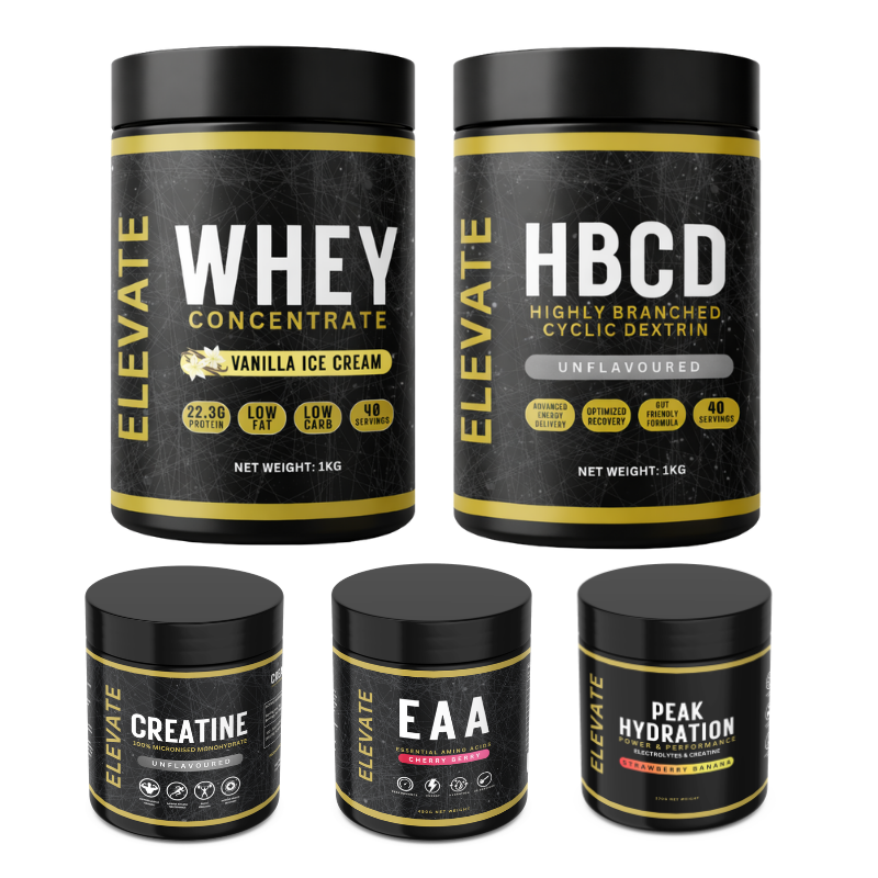 ElevateSupplements Complete Performance Stack with whey protein, creatine, EAAs, HBCD, and Peak Hydration supplement containers.