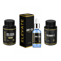 ElevateComplete Skin Routine with Marine Collagen, GHK-Cu Serum, and Vitamin C bottles and skincare products arranged together.