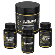 ElevateSupplements Complete Sleep & Recovery Bundle with cortisol support, magnesium, sleep aid, and L-glutamine capsules on white background.