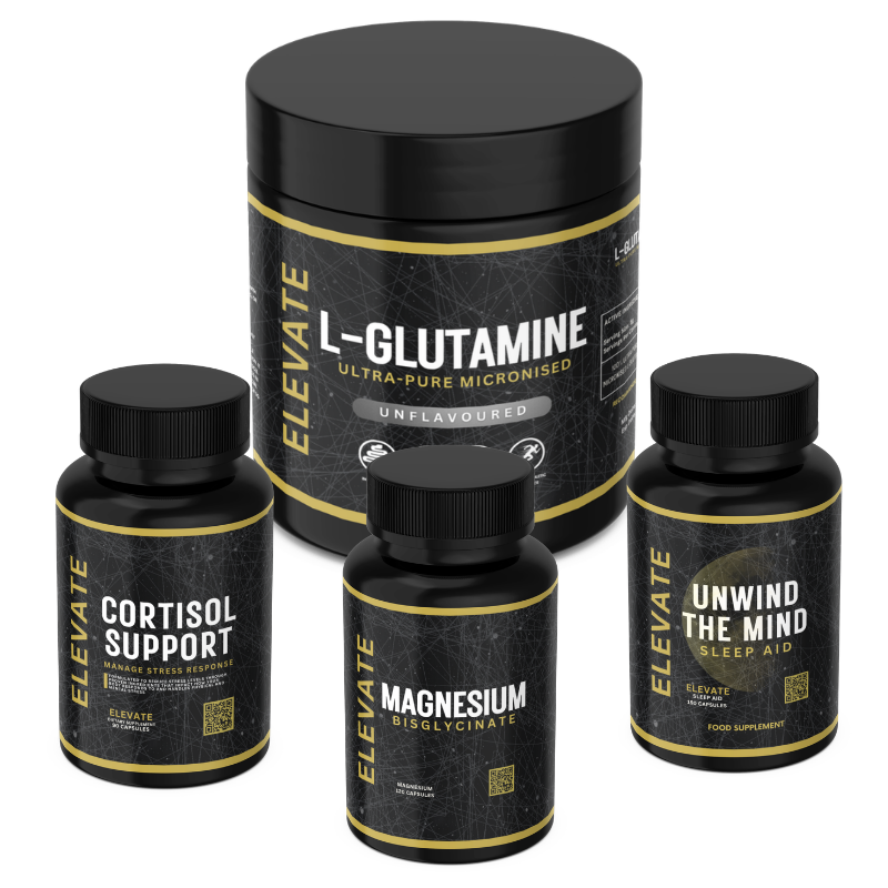 ElevateSupplements Complete Sleep & Recovery Bundle with cortisol support, magnesium, sleep aid, and L-glutamine capsules on white background.