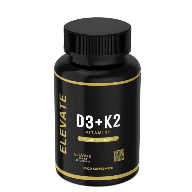 High-strength Elevate D3 + K2 supplement bottle by ElevateSupplementsNI, showcasing the vitamin capsules and label.