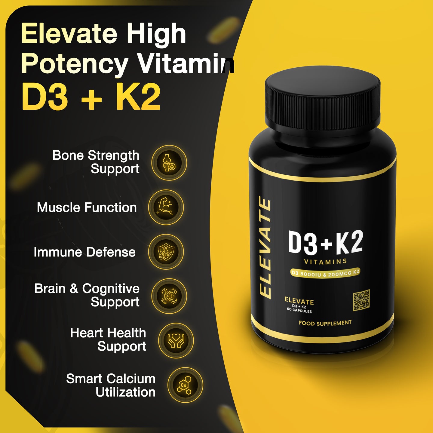 High-strength Elevate D3 + K2 supplement bottle showing the label with vitamin D3 and K2, from ElevateSupplementsNI.