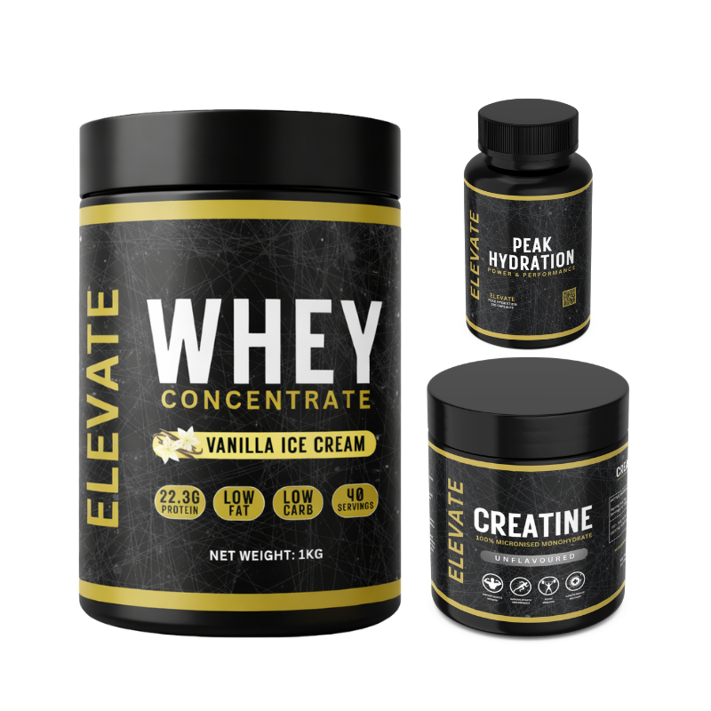 Elevate Daily Performance Bundle with creatine, Power + Performance supplement, and whey protein from ElevateSupplements on a white background.