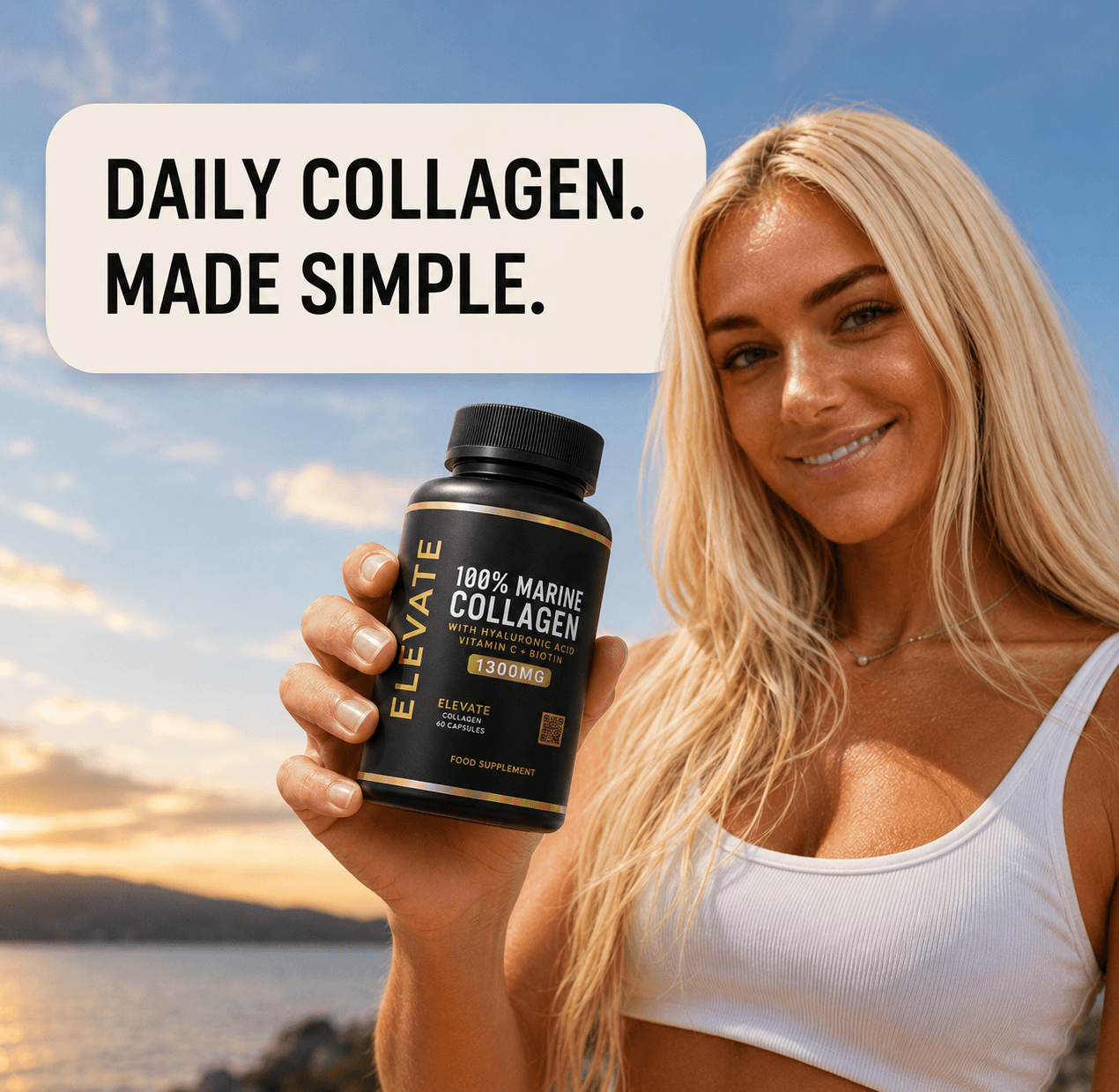 Elevate Marine Collagen supplement bottle with hyaluronic acid, vitamin C, and biotin, featuring a sleek label design.
