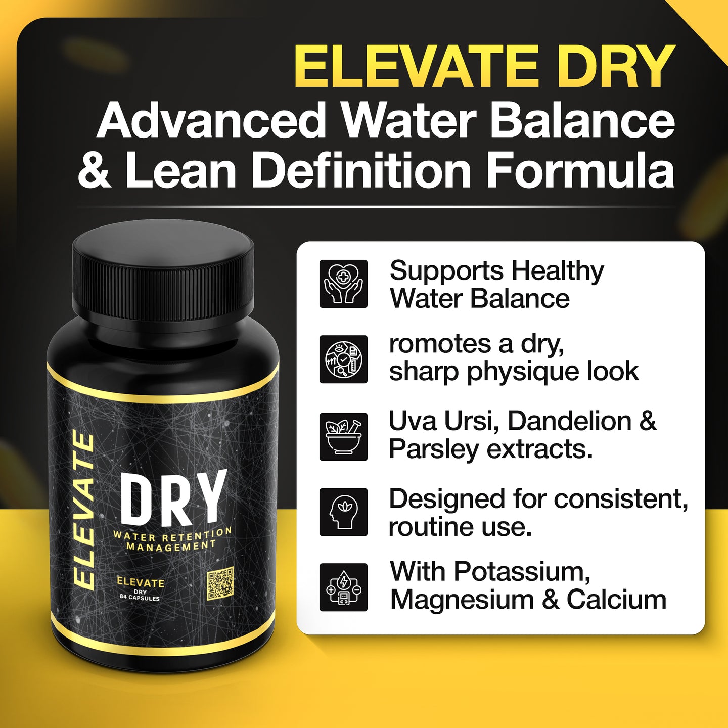 Elevate Dry water balance and muscle definition supplement by ElevateSupplementsNI, featuring the product packaging against a sleek background.