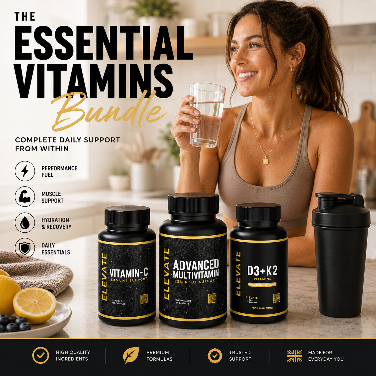Elevate Supplements Essential Vitamins Bundle with multivitamin, vitamin D3 + K2, and vitamin C bottles on a white background.