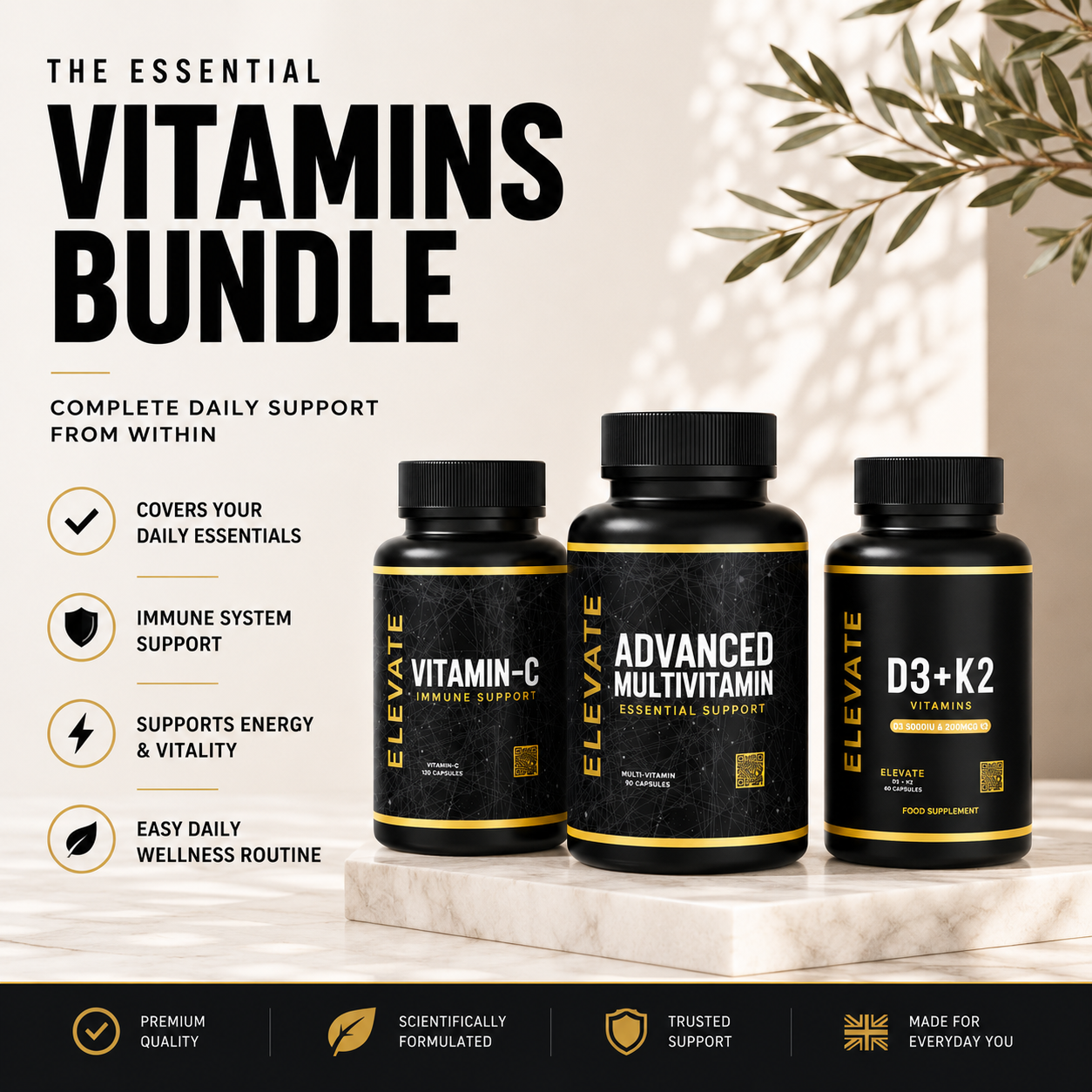 Elevate Supplements Essential Vitamins Bundle with multi-vitamin, vitamin D3 + K2, and vitamin C bottles on a white background.