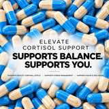 Bottle of Elevate Cortisol Support supplements by ElevateSupplementsNI with Rhodiola, L-Theanine, and Magnesium capsules.