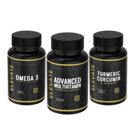 ElevateSupplements Elevate Everyday Health Bundle with Omega 3, Turmeric, and Multivitamin capsules in a health supplement package.